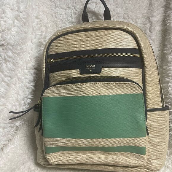 Fossil coated canvas  backpack beige & mint green navy blue trims & Straps - Picture 1 of 11